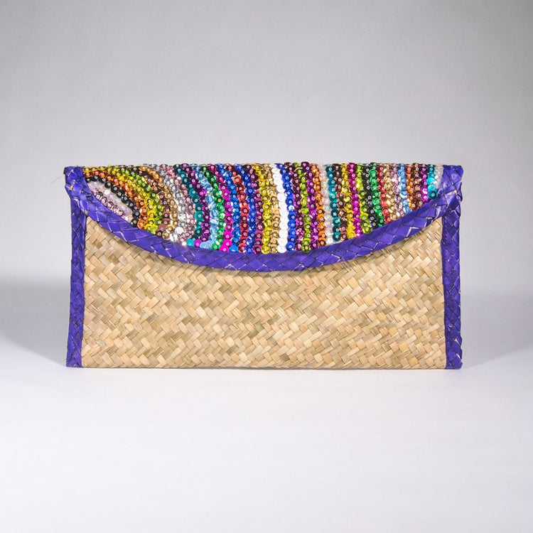 Eco-friendly Clutch Bag with Sequin Stripes, Purple Trim - EcoArtisans