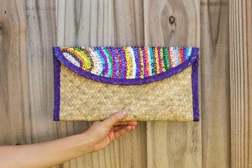 Eco-friendly Clutch Bag with Sequin Stripes, Purple Trim - EcoArtisans