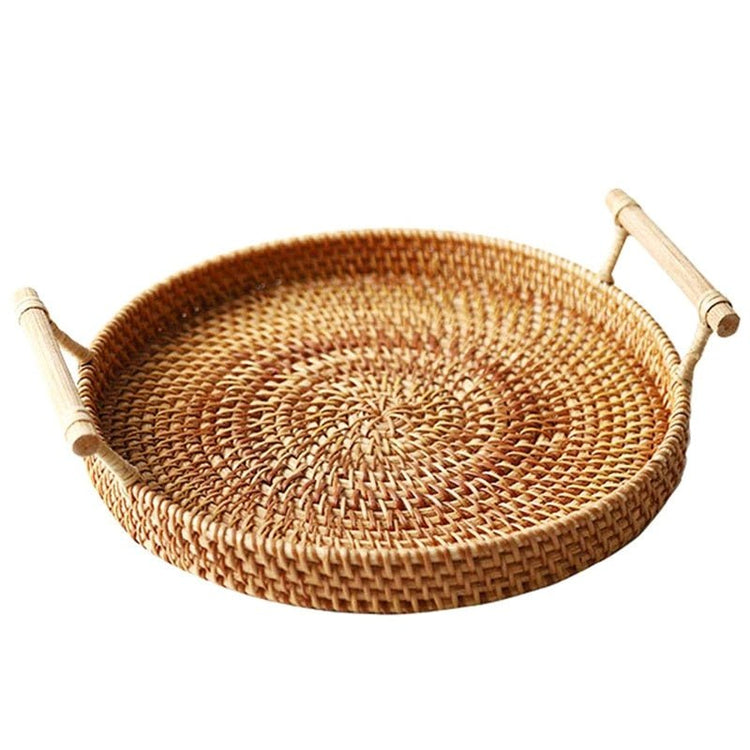 Rattan Storage Tray, Round Basket with Handle, Hand Woven, Rattan Tray - EcoArtisans