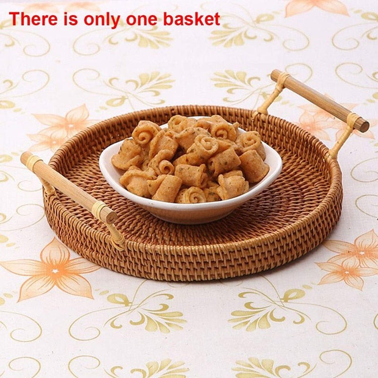 Rattan Storage Tray, Round Basket with Handle, Hand Woven, Rattan Tray - EcoArtisans